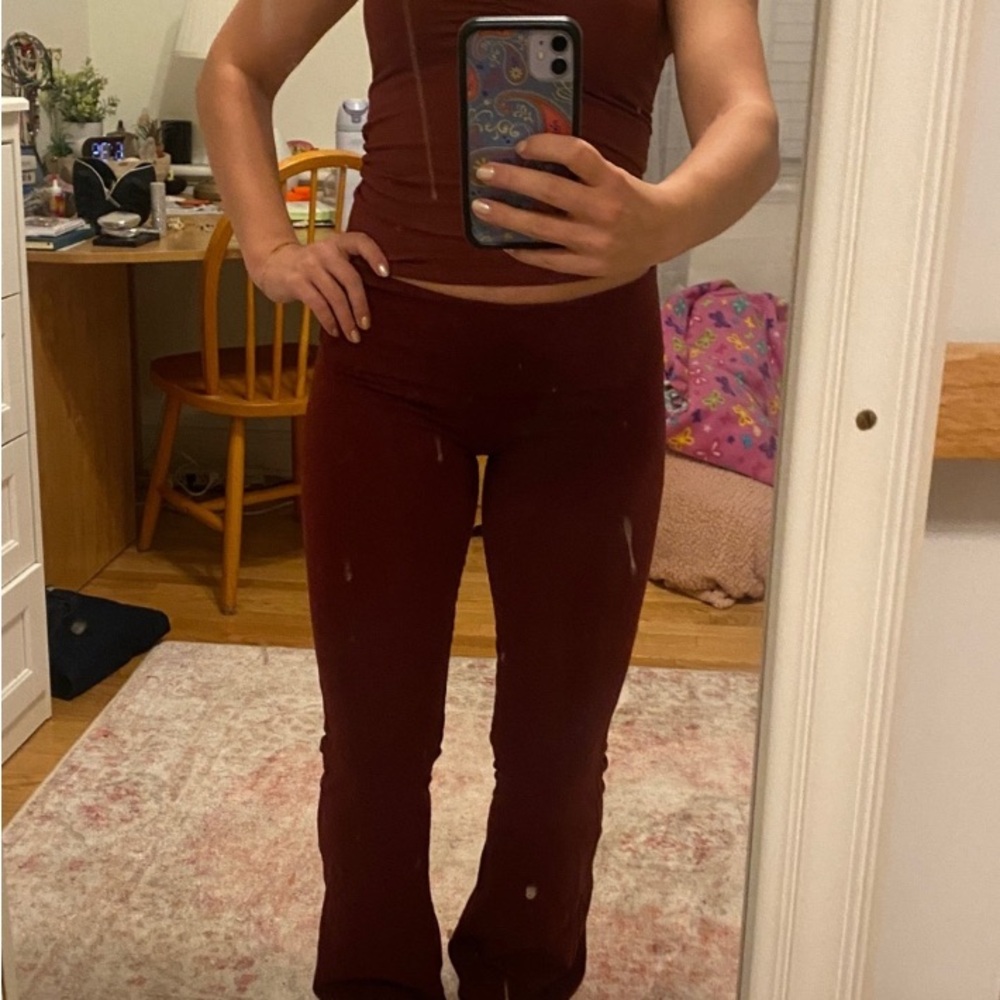 NWOT Brandy John Galt Burgundy Priscilla Flare Yoga Pants - Picture 2 of 6